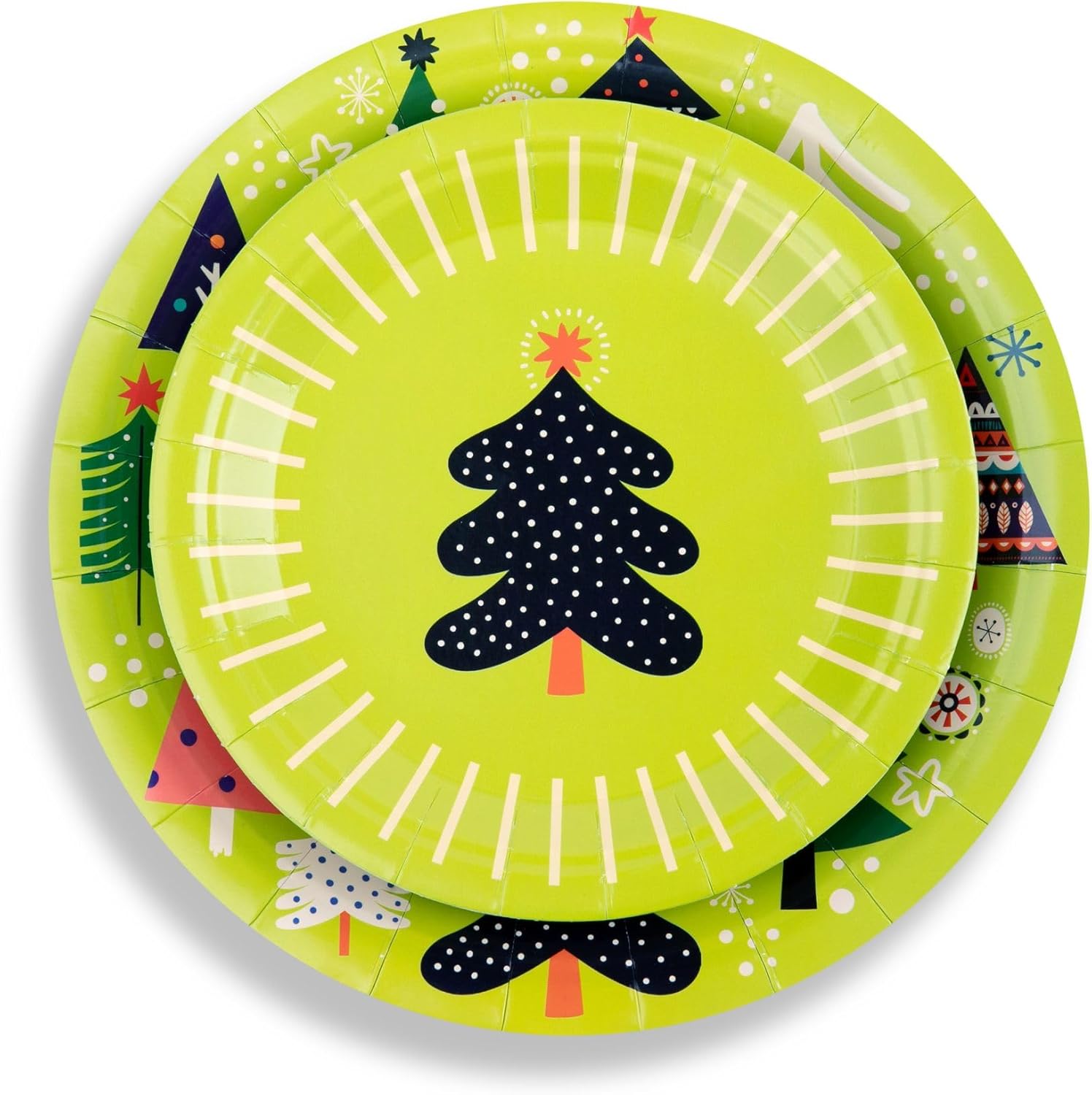 Christmas Paper Plates and Napkins Set, Heavy Duty Holiday Dinnerware Set, Disposable Party Supplies - Bright, Colorful Festive Trees with Ornaments, 80 pcs - Serves 16 Guests