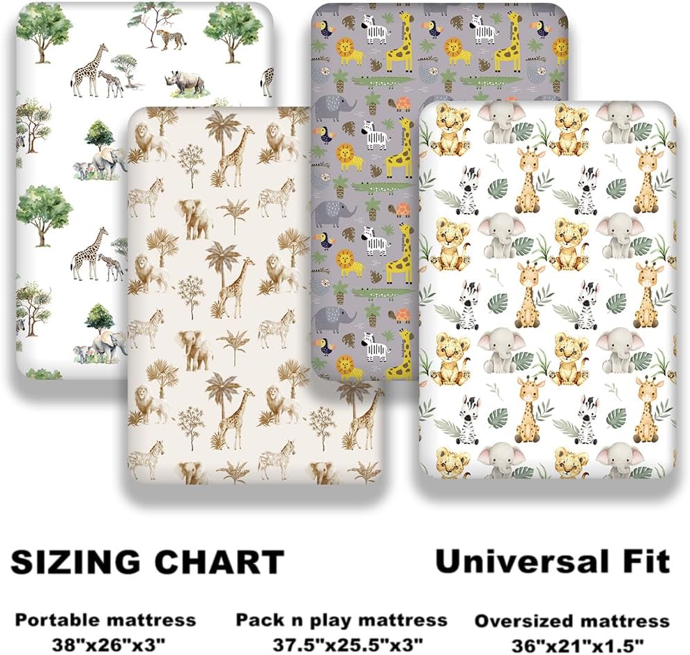4 Pack Safari Jungle Animals Neutral Unisex Fitted Nursery Baby Sheets Set Toddler Mattress Sheets for Baby Boys or Girls (Pack N Play Sheets)