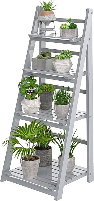 HOMIDEC Plant Stand, 4 Tier Wooden Ladder Shelf Foldable Display Flower Plant Stands, Free Installation Plant Stands Indoor Corner Storage Shelves Bookshelf for Garden Balcony Living Room, Grey