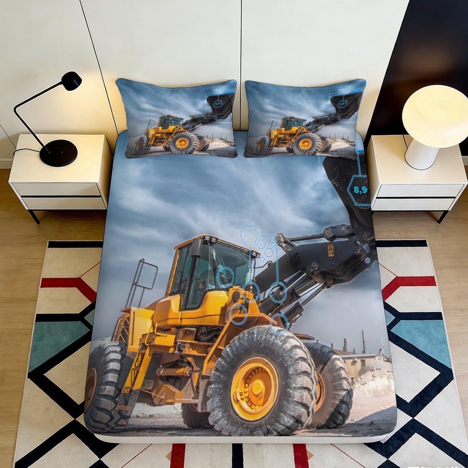 3D Printed Construction Loader Fitted Sheet Microfiber Modern Yellow Excavator Bed Cover Anti-Slip Machine Washable Decor 90x200x25cm