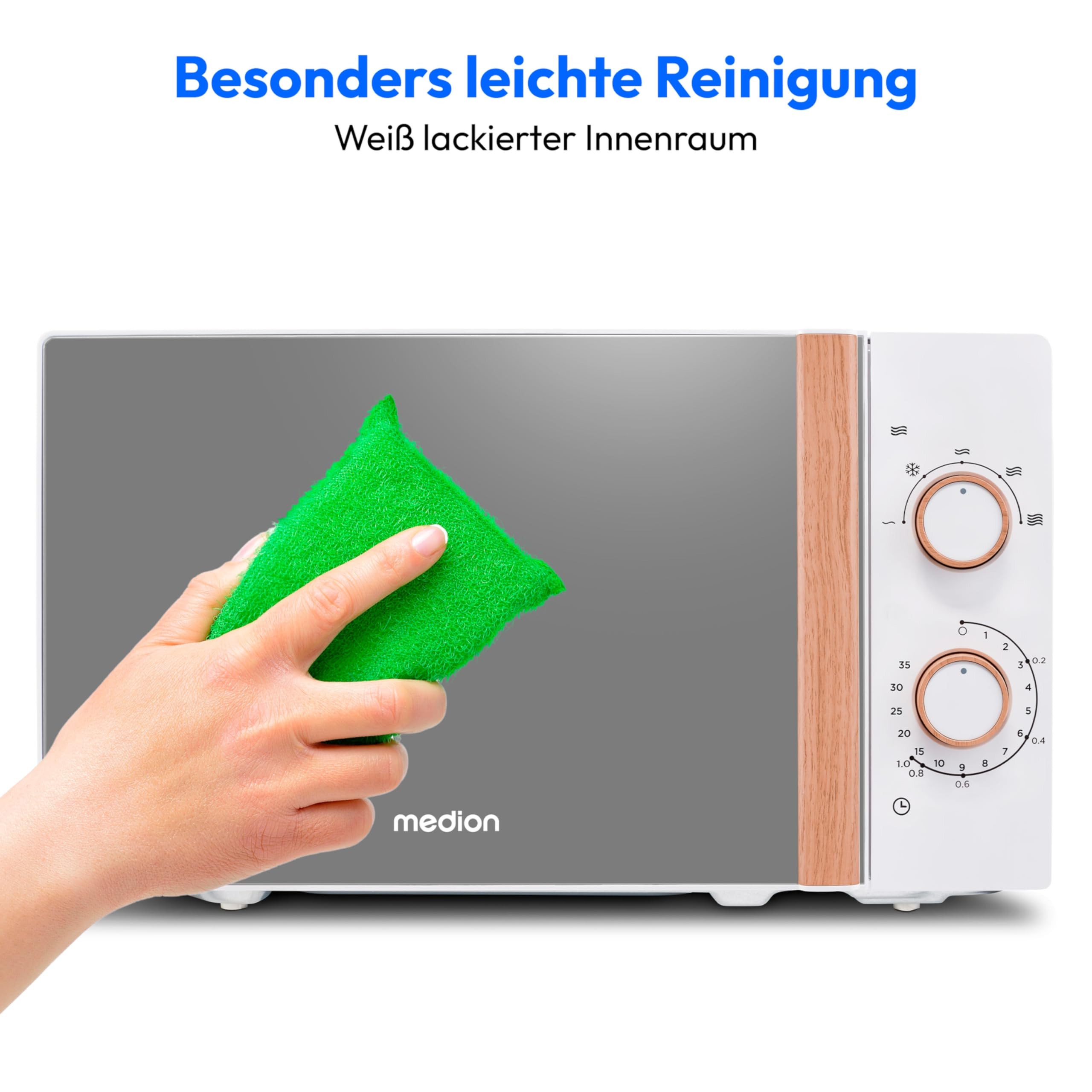 MEDION Mikrowelle klein (Holzoptik, Freistehend, 20 Liter, 700 Watt, Verspiegelte Tür, 5 Leistungsstufen, Auftaufunktion, Zeitschaltuhr, MD10596) weiß