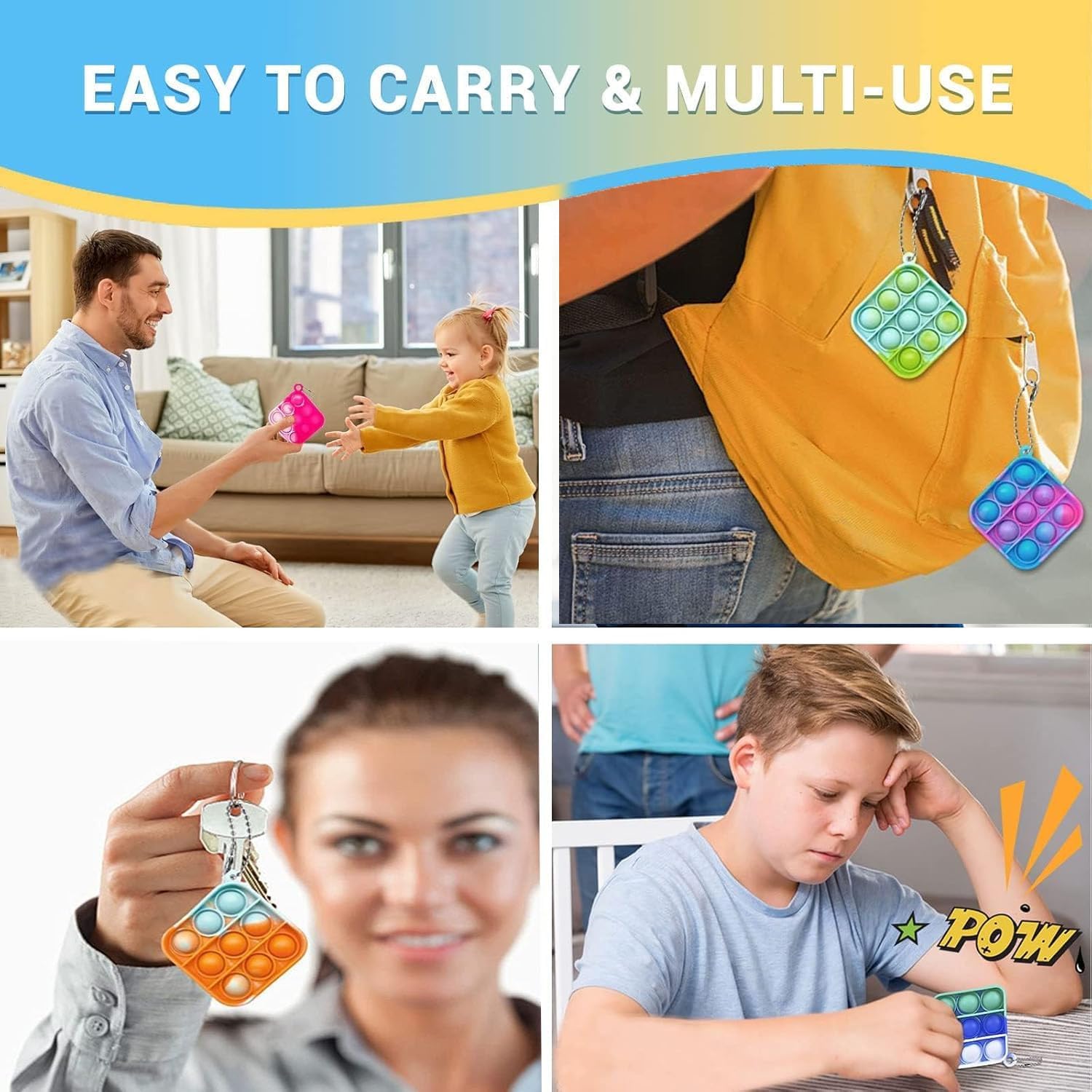 200 Pack Mini Pop Keychain Fidget Toys — Square Sensory Stress Relief Toy Bulk for Kids & Adults | Party Favors, Goodie Bag Stuffers, Classroom Prizes, Birthday