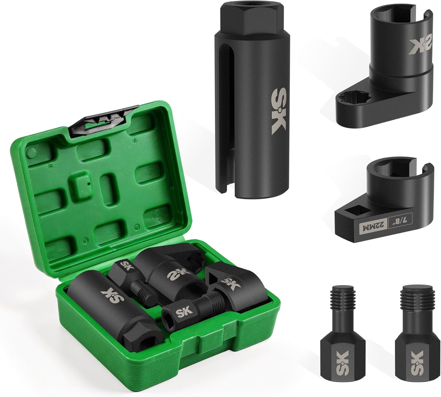 SK 5-Piece O2 Sensor Socket Thread Chaser Set, Oxygen Sensor Wrench, 3/8" 1/2" Drive x 7/8" 22mm Offset Oxygen Sensor Removal Tool, Automotive Kit for Easy Removal, Installation & Repair