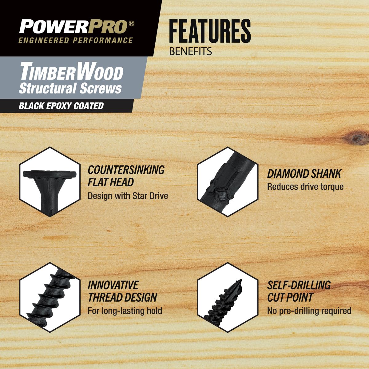 Power Pro 50 viti strutturali per legno placcato nero (5/16" x 2-1/2") | Viti per legno a testa piatta svasata | Elementi di fissaggio esterni multistrato rivestiti in resina epossidica