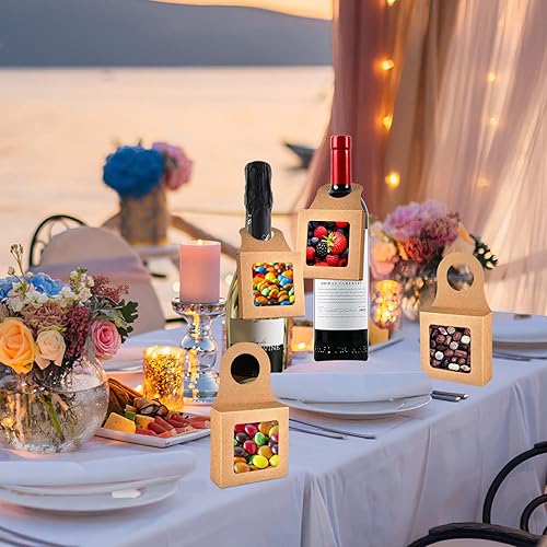 Miniatura 6 de 100 cajas de papel kraft para botellas de vino con colgador de ventana transparente, cajas de regalo vacías con colgador para San Valentín, Navidad,
