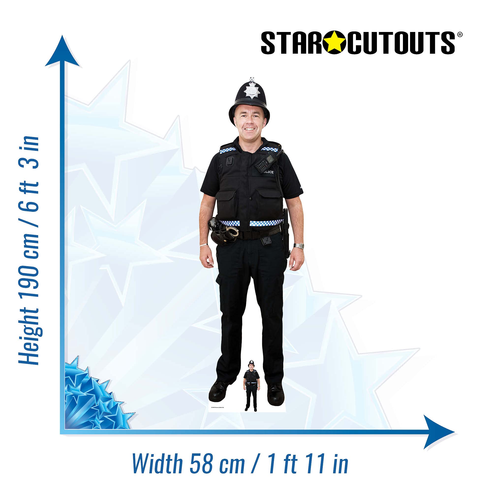 STAR CUTOUTS Life Size Cut Out with Mini Version of Policeman, Cardboard, Multi-Colour, 190 x 58 x 190 cm
