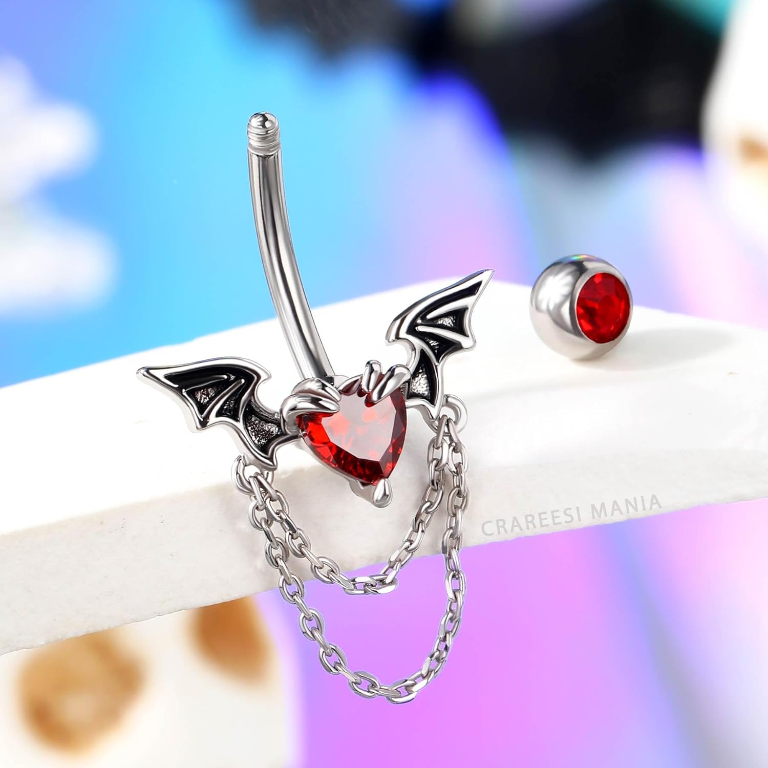 CM Crareesi Mania Halloween Belly Button Ring 316L Stainless Steel Belly Rings Double Chain 14G 10mm Bat Belly Piercing Jewelry Red CZ Navel Rings Heart Navel Piercing - Image 6