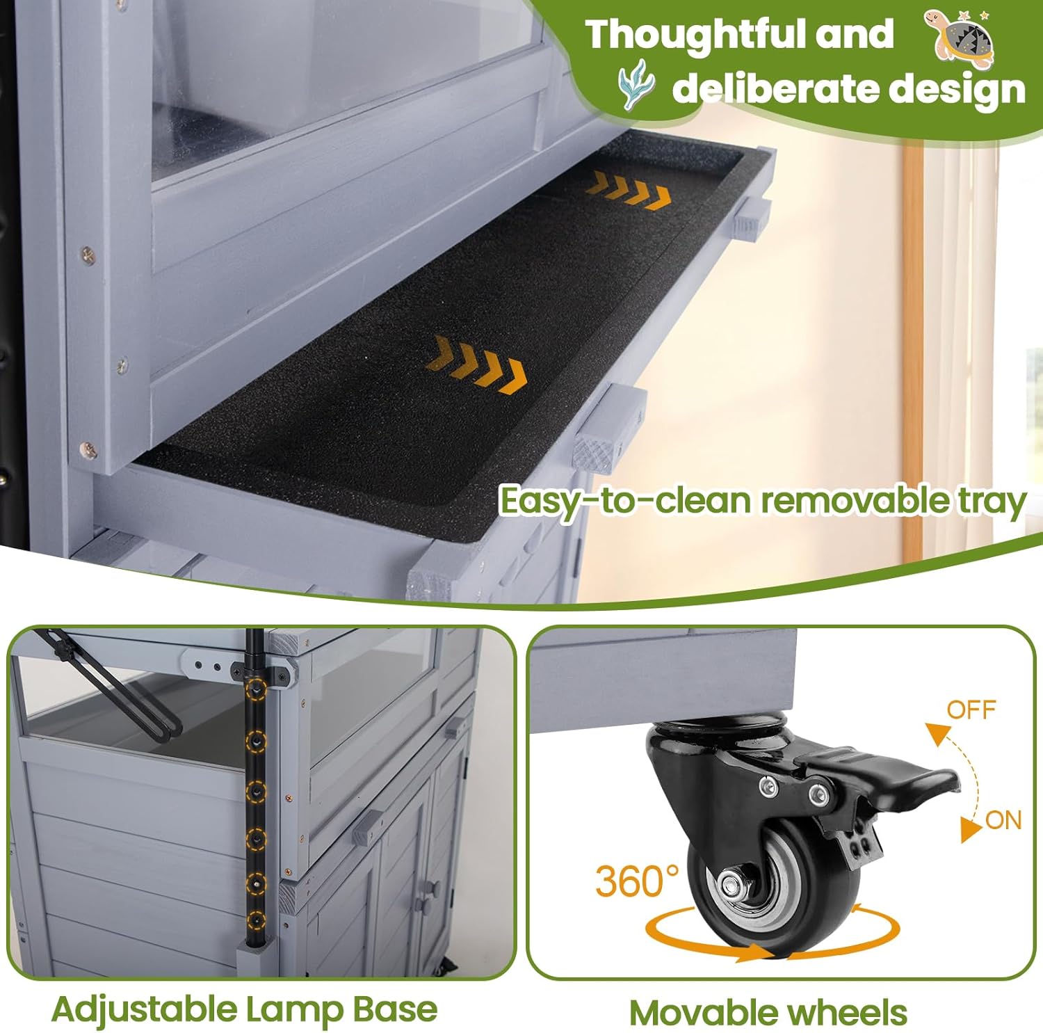 Premium Reptile Habitat Enclosure for Tortoises, Lizards, and Snakes - Adjustable Lighting, 360° Wheels, Easy-Clean Design, and Secure Ventilation-（Light Gray
