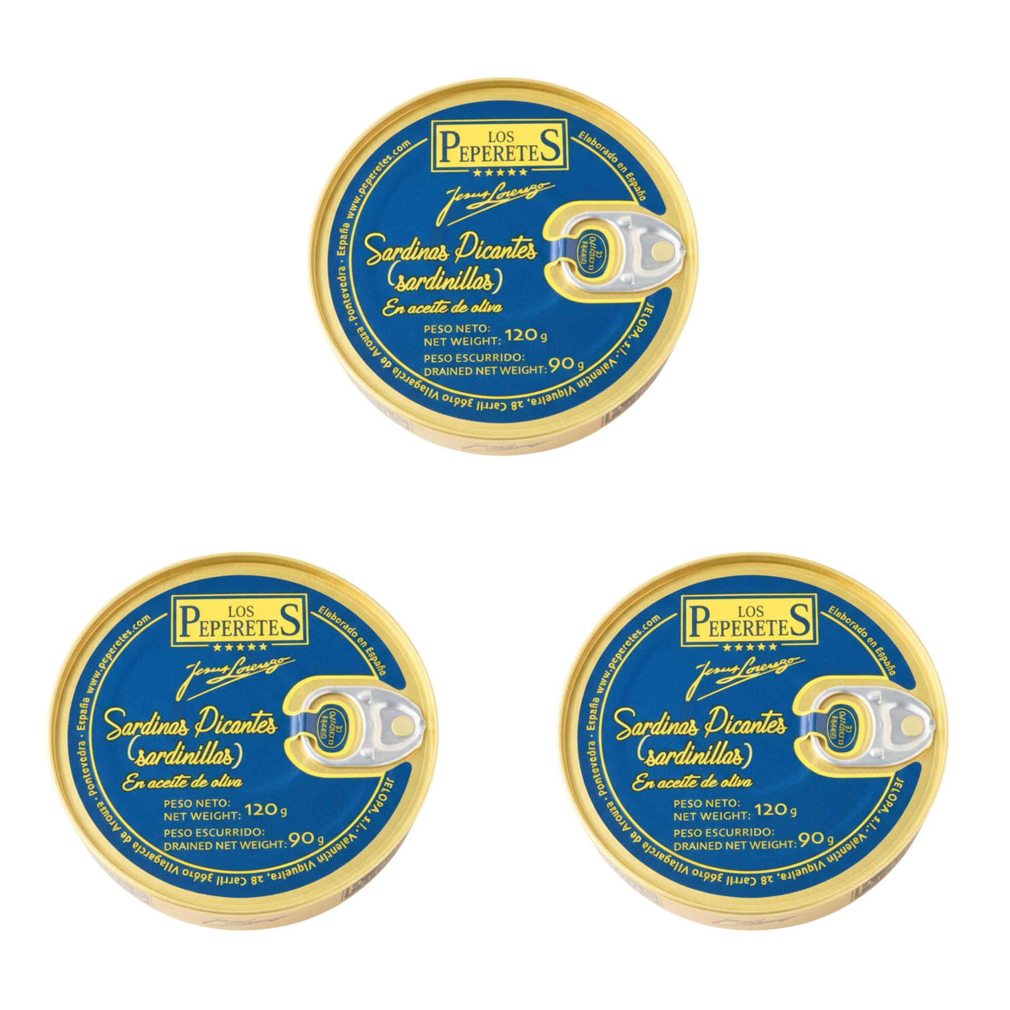 LOS PEPERETES x3 Lata Sardinillas Picantes Pikante Sardinen in Olivenöl 120 g | Kleine Gourmet-Sardinen | Handwerkskonserve in scharfem Öl | Atlantischer Blaufisch | Traditioneller Geschmack
