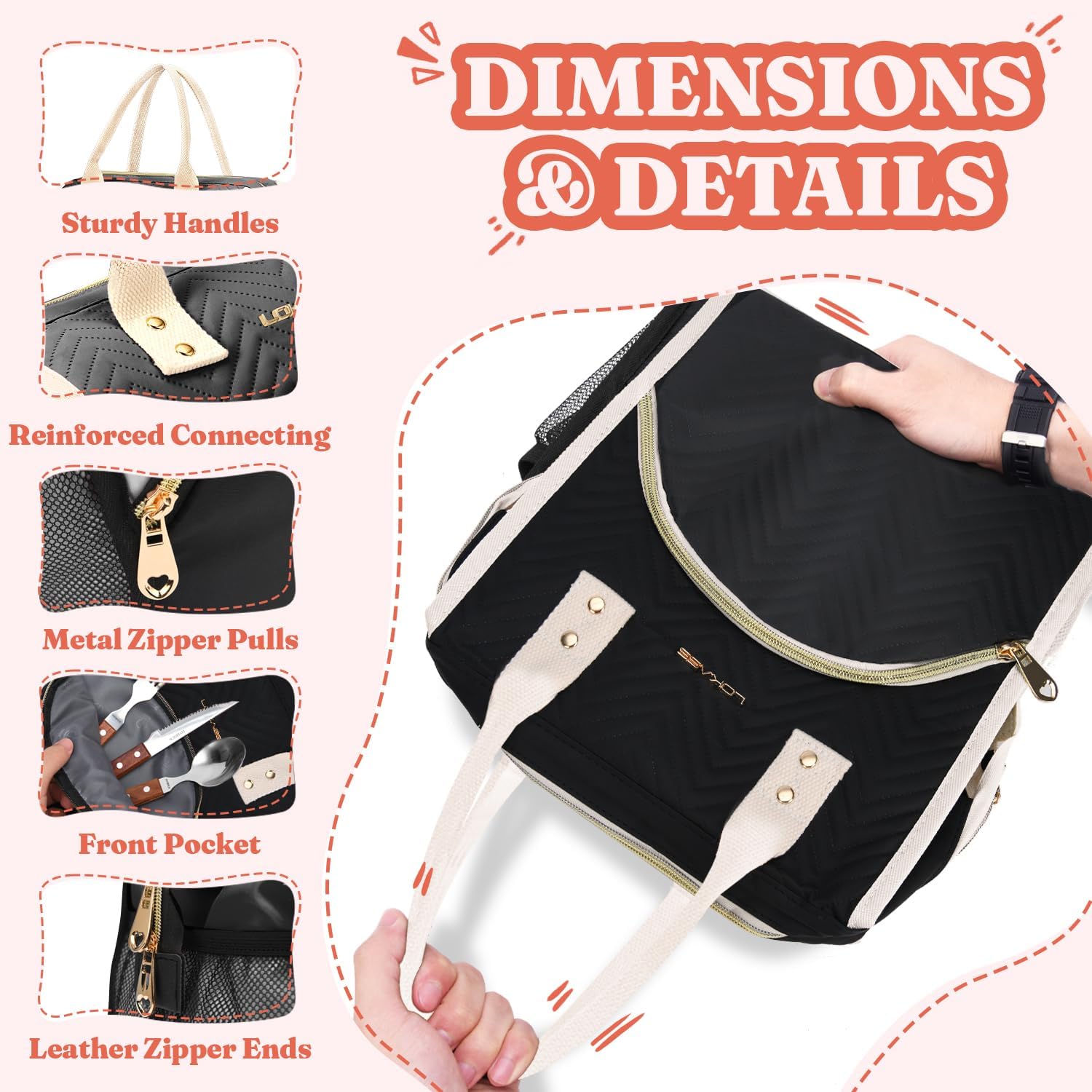 Lunch Bag Women Insulated Lunch Box Wide-Open Lunch Tote Bag Large Drinks Holder Durable Nylon Thermal Snacks Organizer for Men Adults Work Picnic Hiking Beach Fishing, Black Wavy - Image 5