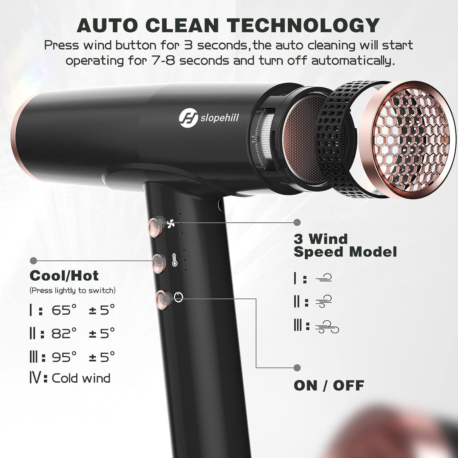 Control panel of the hair dryer showing buttons for power, heat, and speed settings