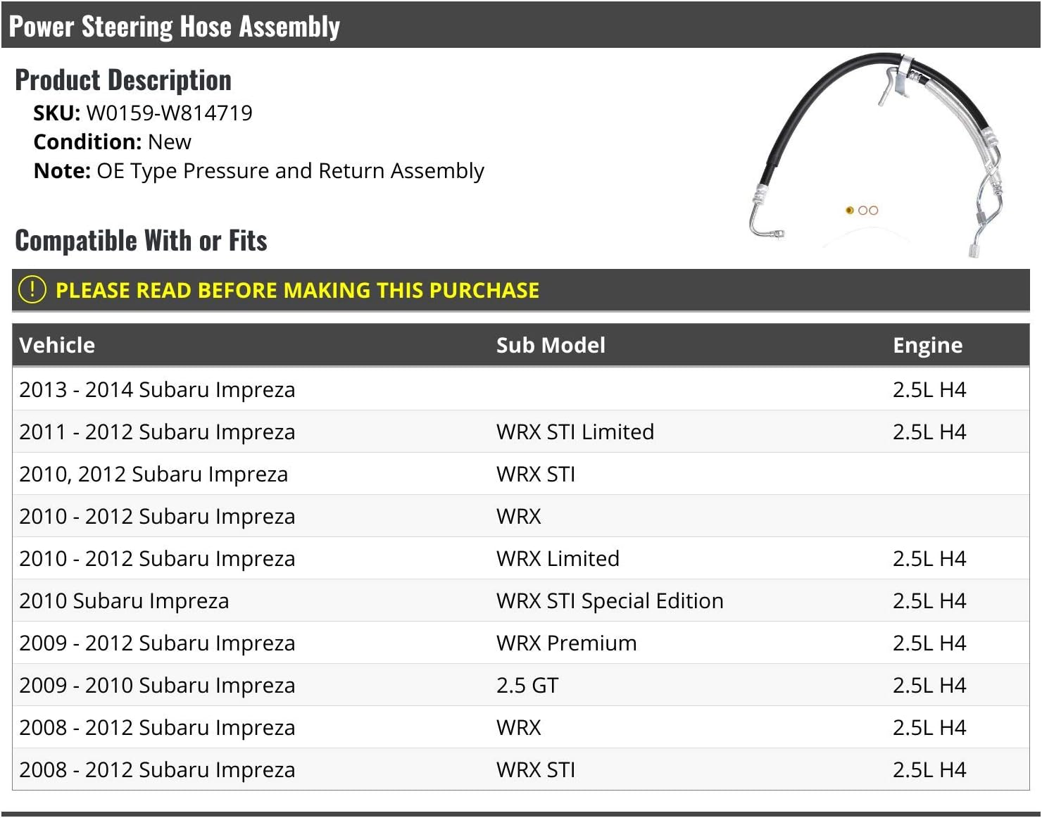 Power Steering Pressure and Return Hose Assembly - Compatible with 2008-2014 Subaru Impreza 2.5L H4