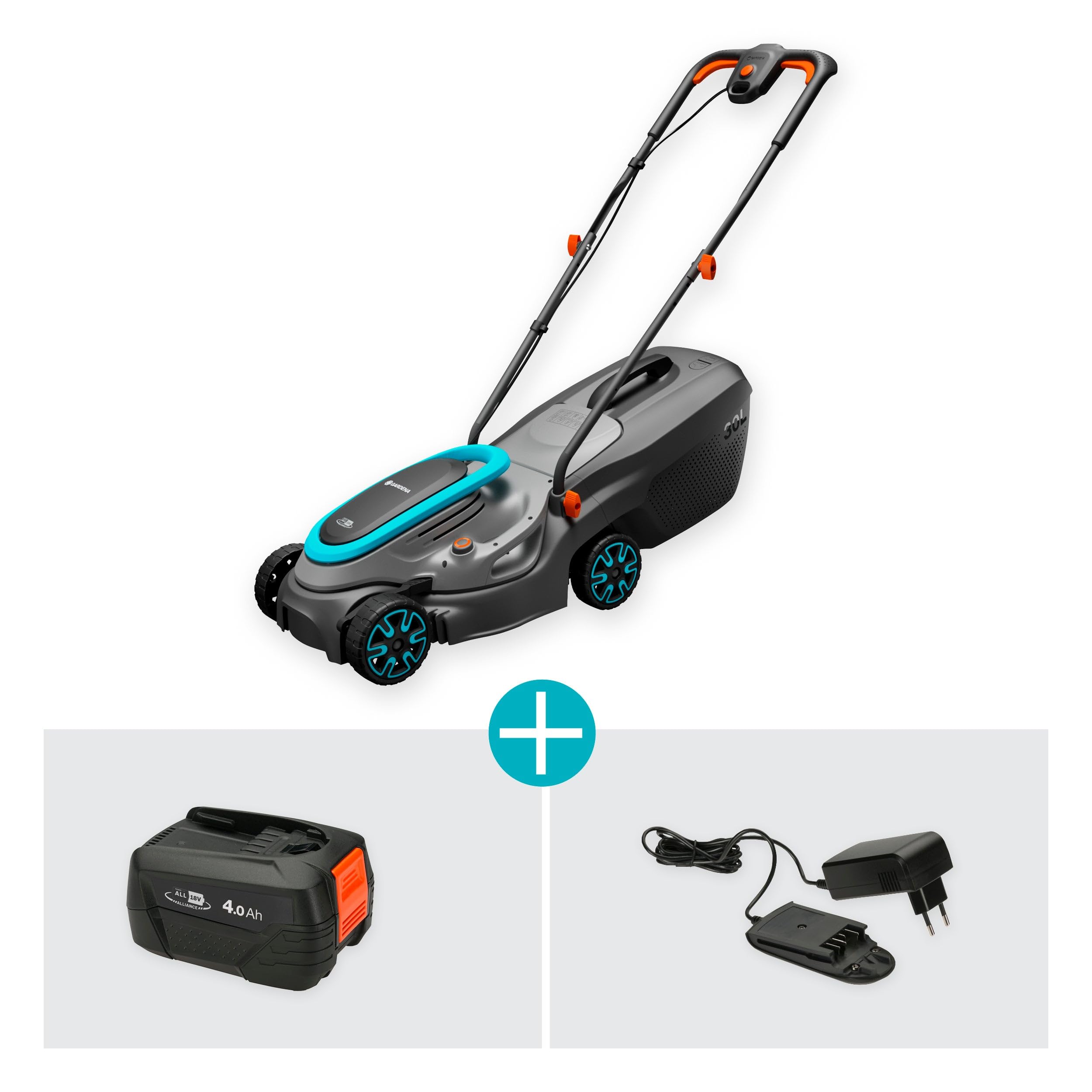 Gardena Rasaerba A Batteria Powermax 32/18V P4A Set Pronto All'Uso: Larghezza di taglio 32 cm, Capacità 30 l, Ergonomico, Regolazione dell'altezza, Senza fili (14632-20)
