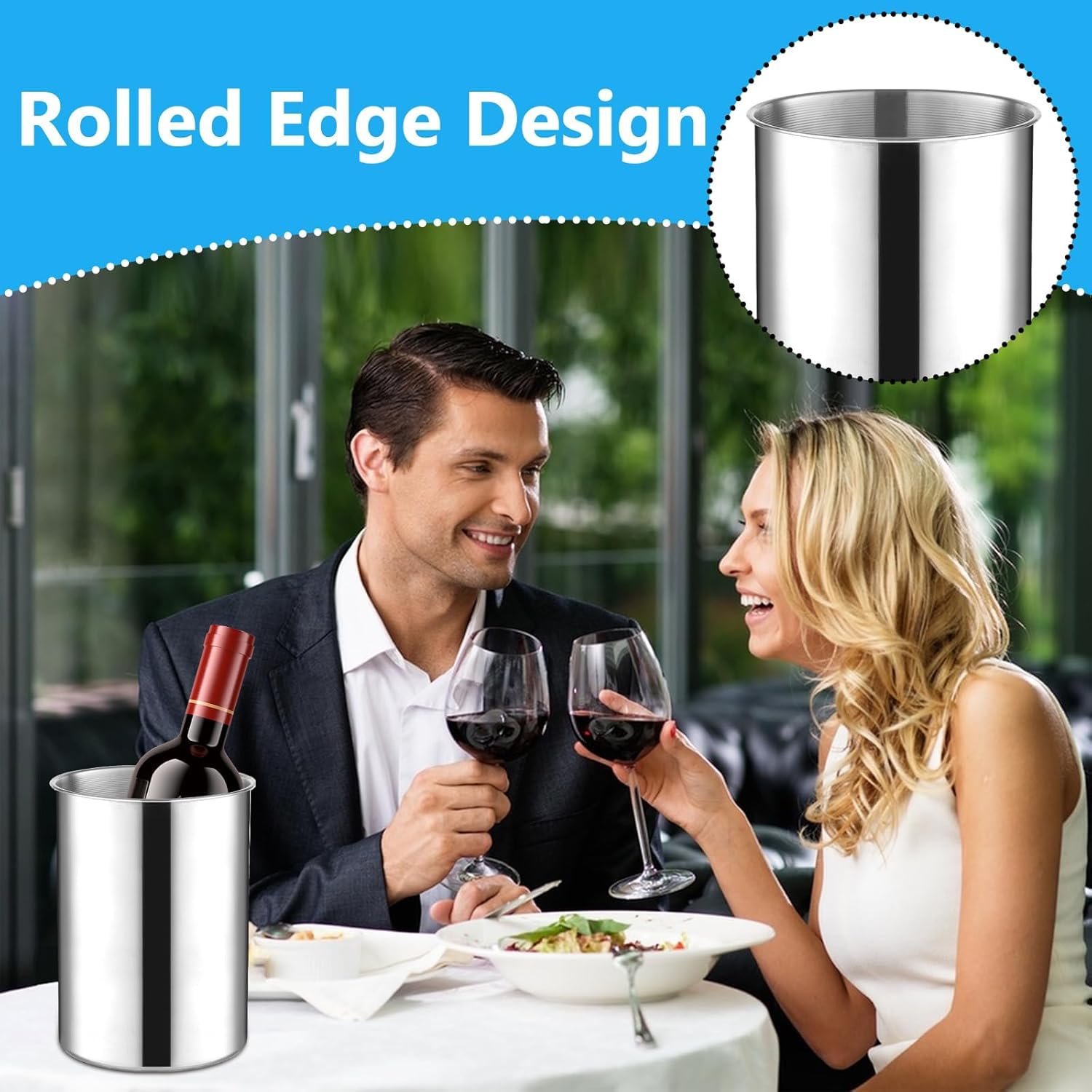 Juego de 6 cubiteras apilables de acero inoxidable grueso de 750 ml para vino, cerveza y champán, cubos de hielo de metal para fiestas, barbacoas y bares (18 cm de alto x 14,5 cm de ancho)