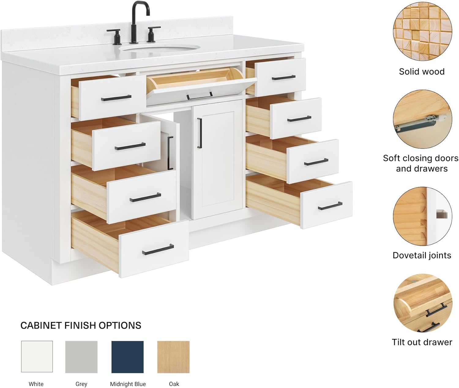 Image detailing included components and features of the ARIEL Hepburn vanity, including solid wood base, countertop, sink, hardware, and backsplash.