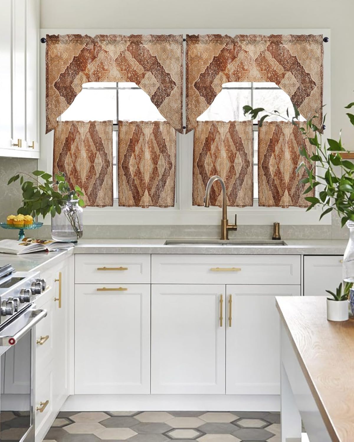 Brown Abstract Swag Kitchen Curtain Sets with Valance,3 Pieces Rod Pocket Curtain Drapes for Bedroom Living Room Cafe Windows,Contemporary Vintage Geometric Flower 56''x36''&24''x27.5''x2Panels