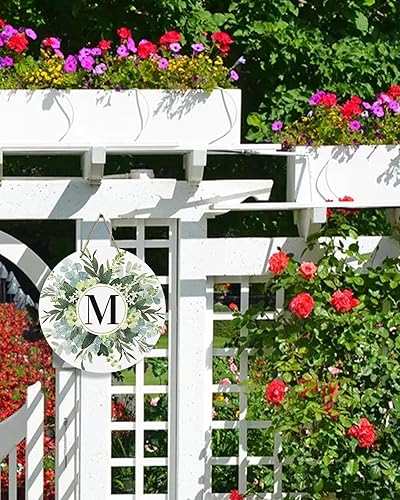 Miniatura 6 de Letrero de bienvenida para decoración de puerta delantera, frontones de pared, monograma, letra M, acuarela, eucalipto, primavera, verano, rural, de