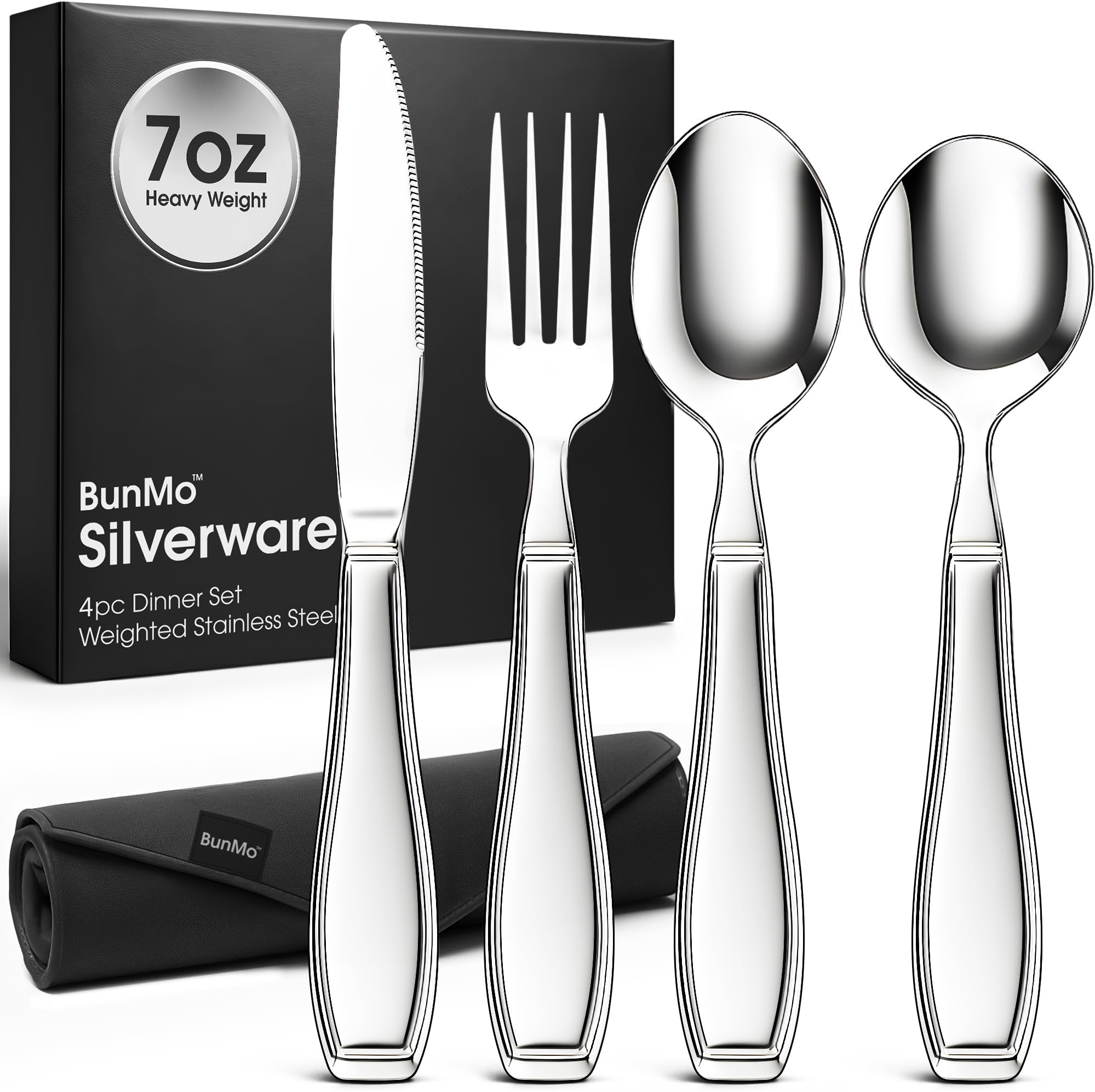 Weighted Utensils for Tremors and Parkinsons Patients - Heavy Weight Silverware Set of Knife, Fork and Spoon - Adaptive Eating Flatware (4 Pieces)