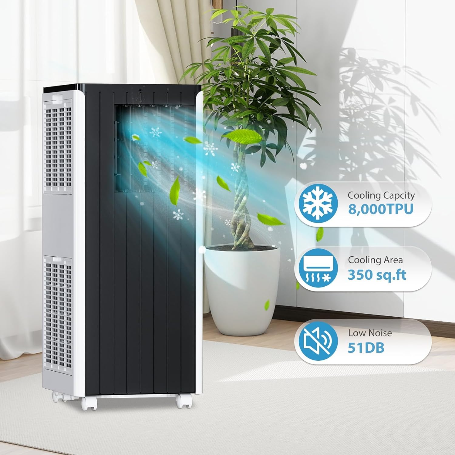 8,000 BTU Portable AC Unit for Large Rooms, 3-in-1 Air Conditioner with Fan and Dehumidifier Modes, Low Noise 51dB, 24H Timer, Includes Window Kit & Exhaust Hose, All Black Design