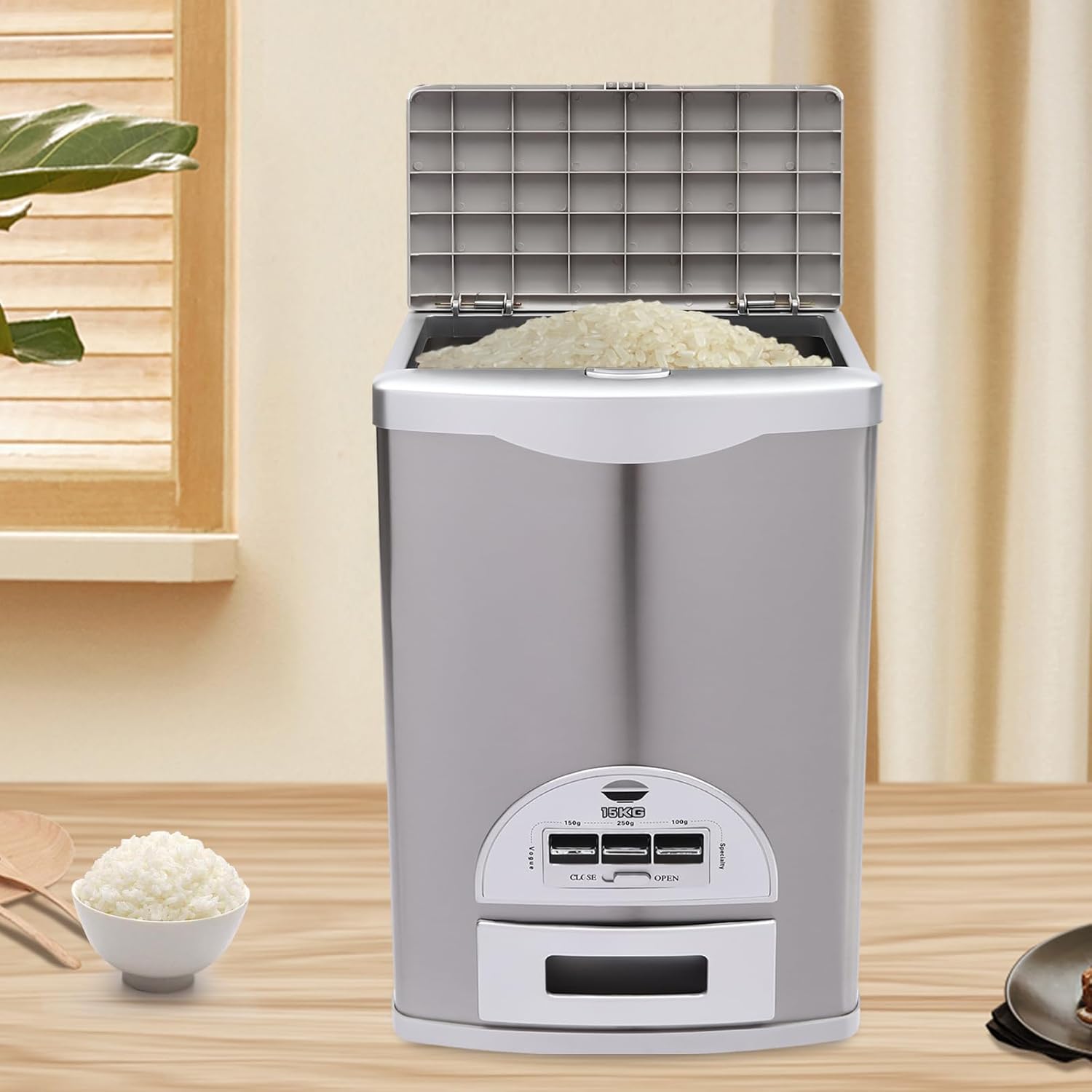 33LBS Stainless Steel Rice Dispenser - Automatic Measuring Dispenser with 3 Gears, Large Capacity Rice Storage Container for Kitchen/Pantry (Silver)