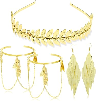 RechicGu 4 Pieces Grecian Goddess Leaf Laurel Costume Accessories Set Roman Toga Party Headband Upper Arm cuff Bracelet Band Earrings Jewelry Women Golden