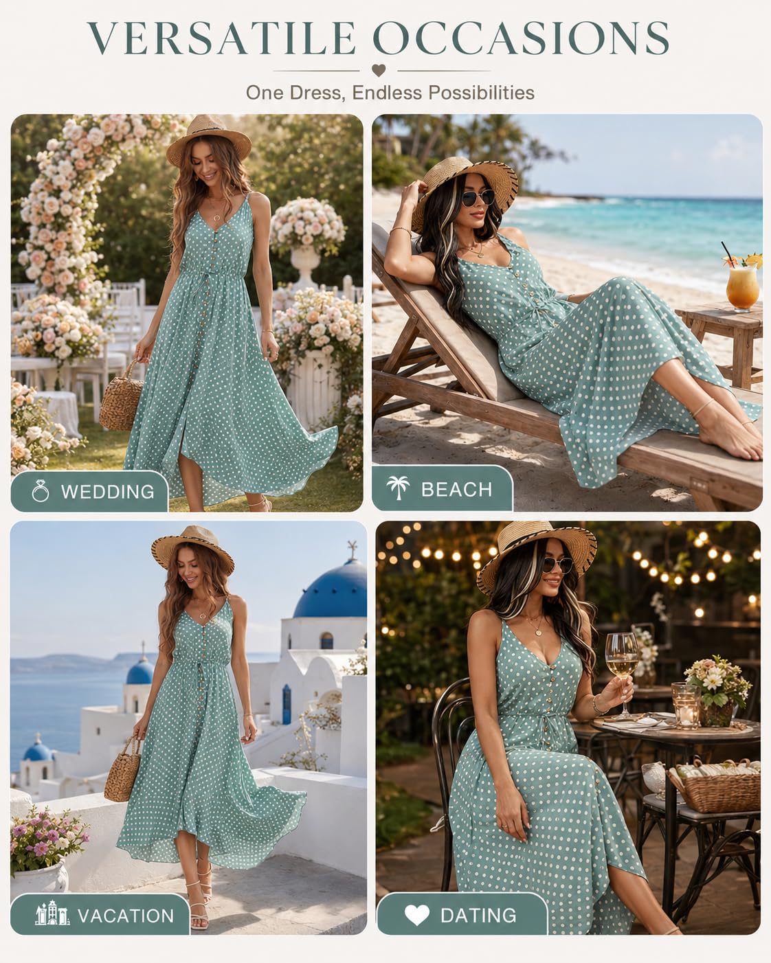 BROVAVE Sommerkleid für Damen, Bohème-Stil, gepunktet, Spaghettiträger, V-Ausschnitt, fließendes Midi Kleid