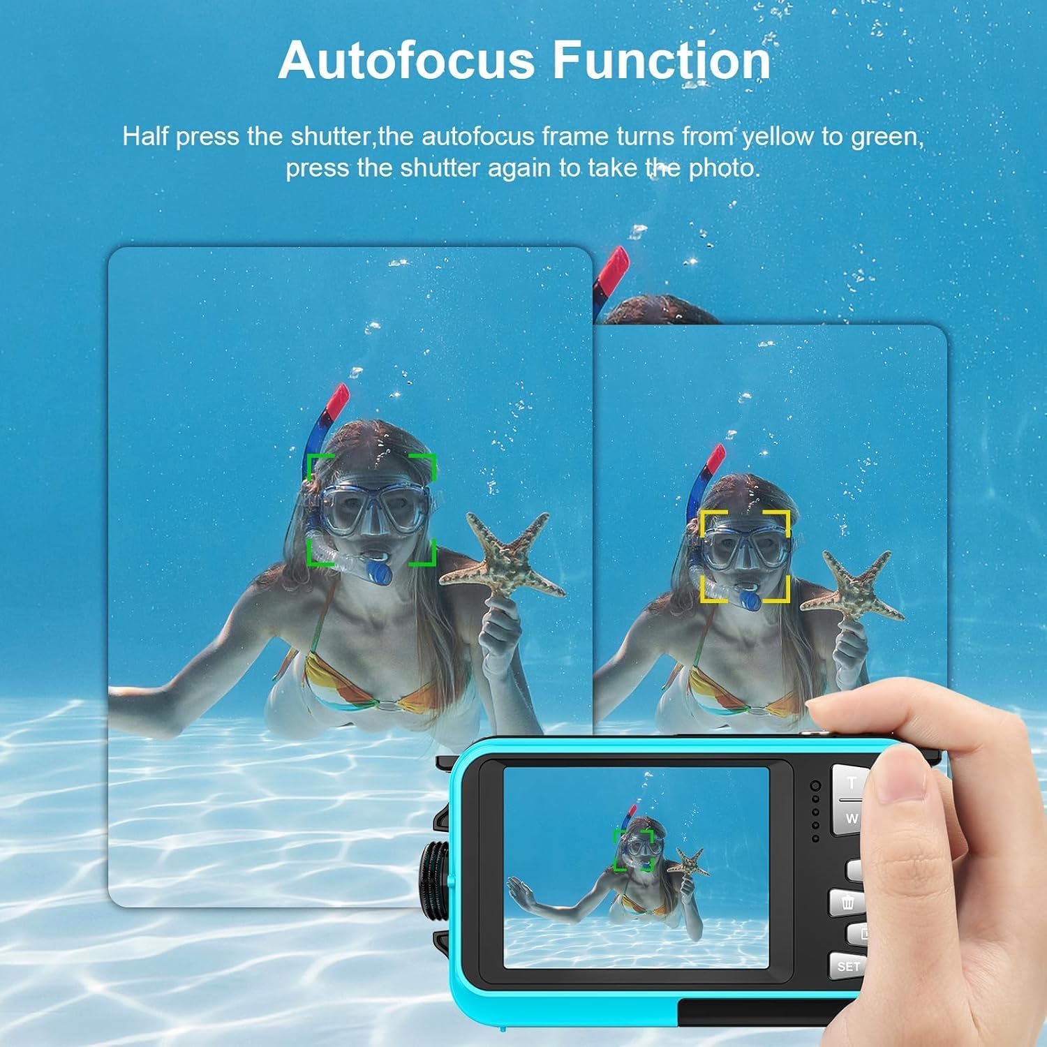 Unterwasserkamera, YISENCE UHD 4K 56MP Autofocus Digitalkamera wasserdichte mit Einer 32GB Karte Selfie Doppelte Bildschirme wasserdichte Kamera zum Schnorcheln