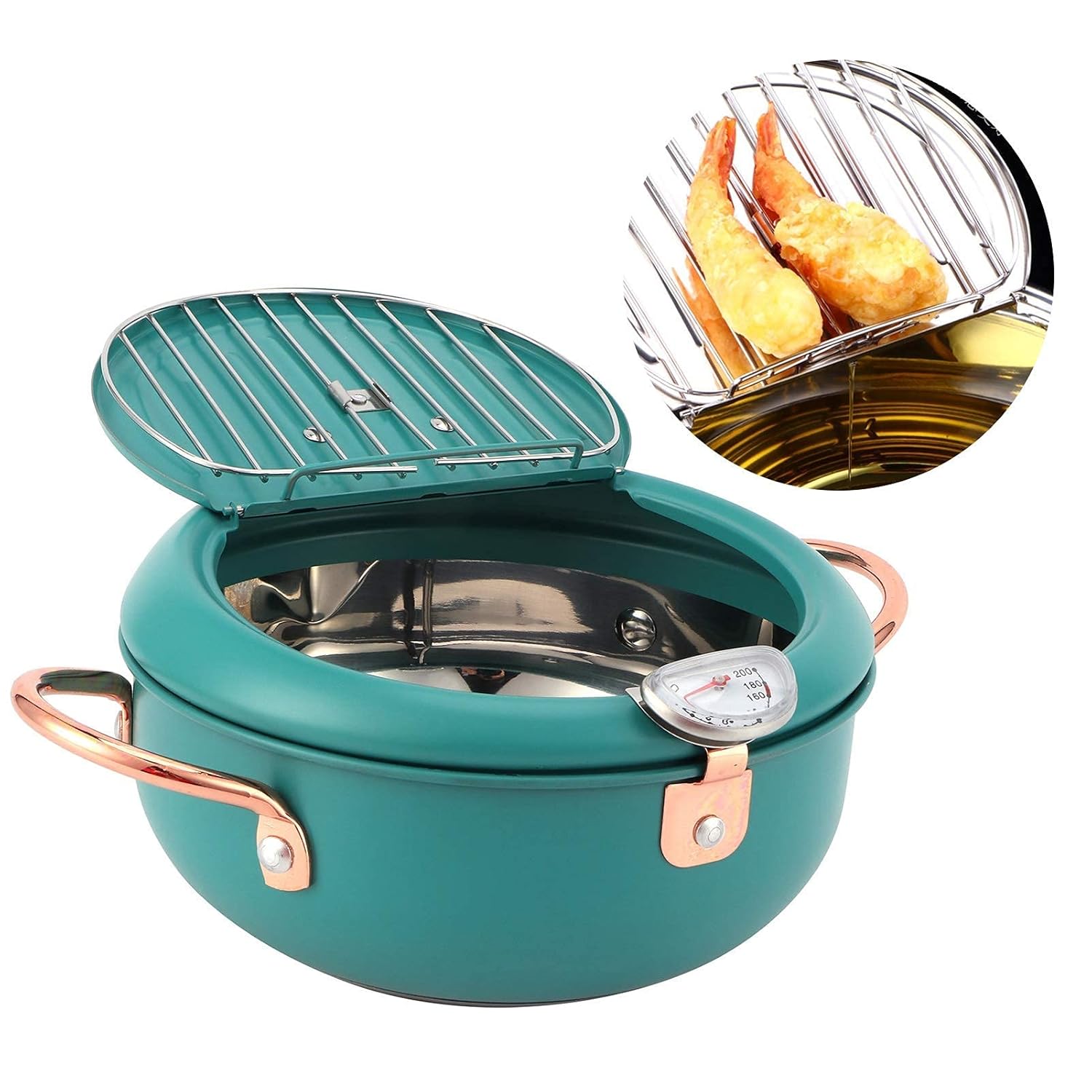 Tempura Deep Fryer Pot with Thermometer Japanese Style Stainless Steel Oil Pan for Induction Gas Electric Stoves Heat Cold Touch Handle Oil Level Indicator for Chicken Fish Fries