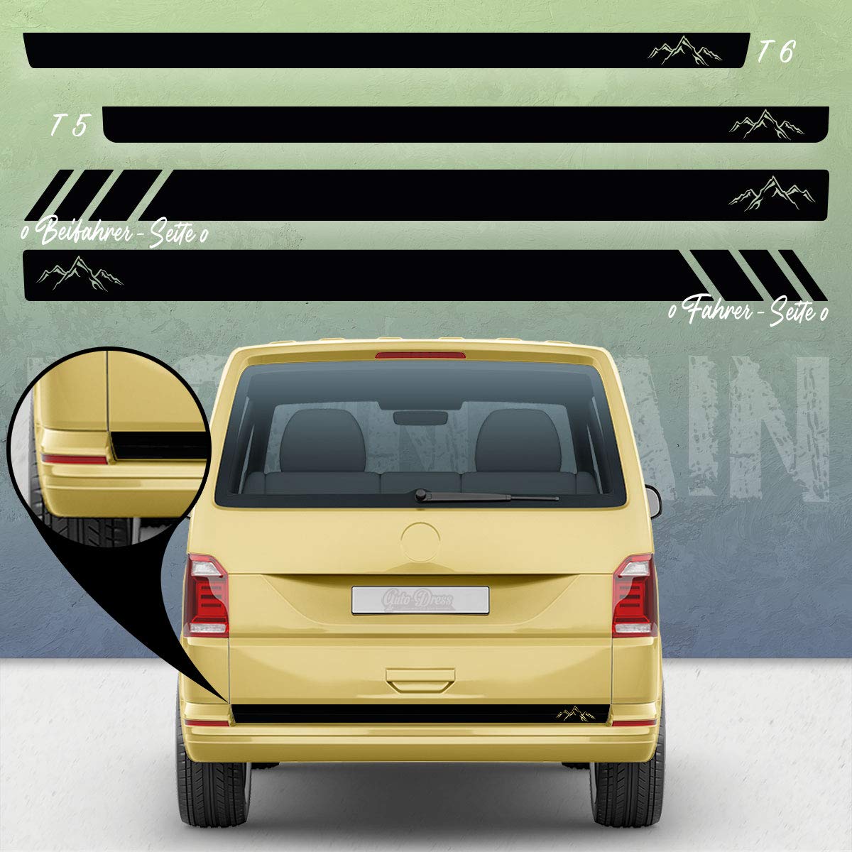 Bandes Latérales Adhésives Auto-Dress Pour VW Bus T4/T5/T6 - Motif Texte '110 Black Gloss' Pour Empattement Court