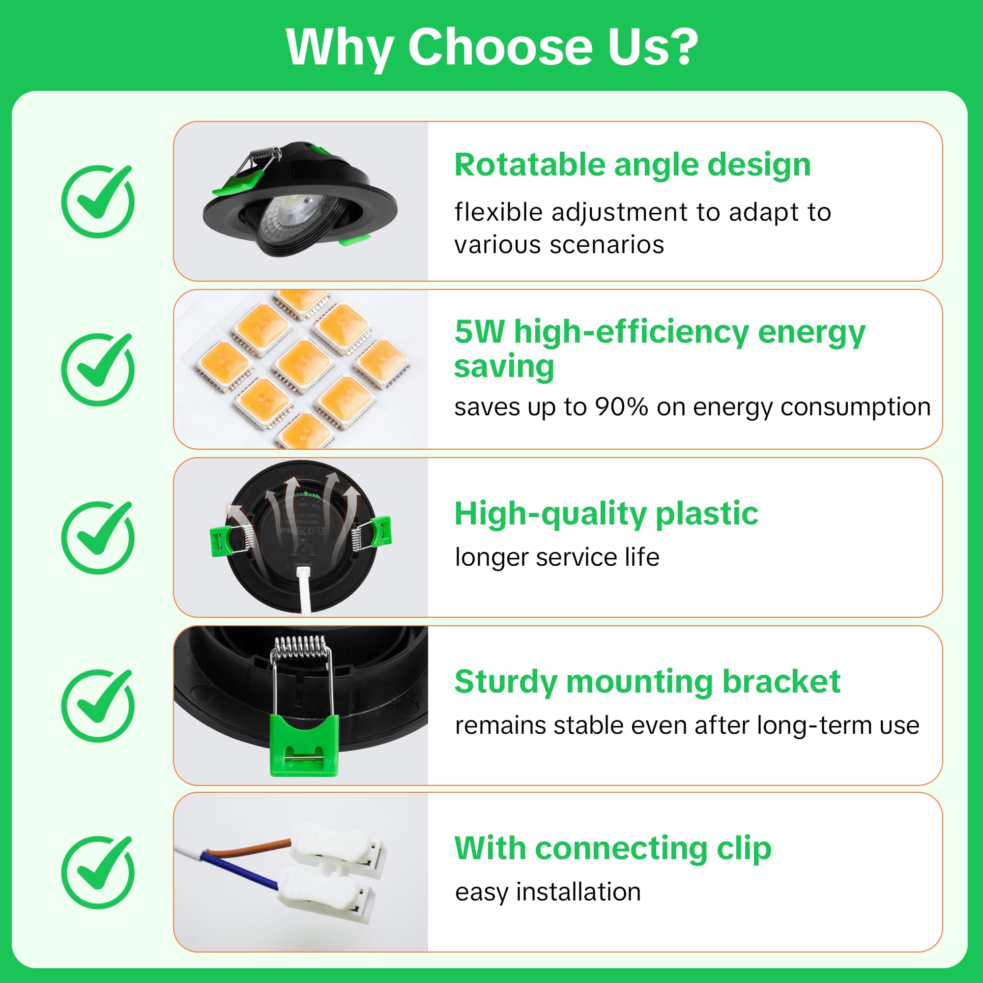 Spot LED Encastrable Orientable 230V, 5W 500LM Spots de Plafond Extra Plat Blanc Chaud Blanc Neutre Blanc Froid Réglable, IP44 Spot Salle de Bain, Trou Ø68-80mm, Noir Lot de 10