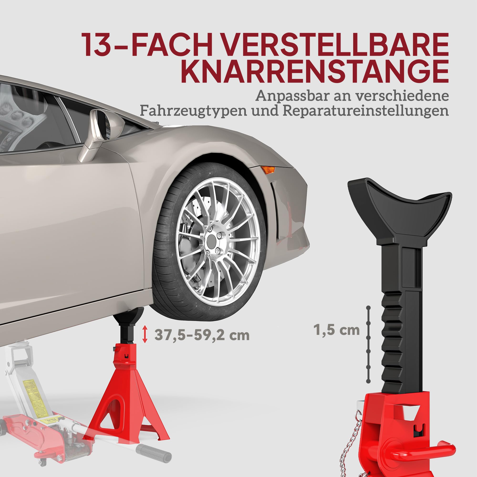 HOMCOM Cavalletti di sostegno 6 tonnellate portata 2 pezzi supporto asse inclusi 2 fermapiastre 13 livelli di altezza regolabile da 375 mm a 592 mm cavalletti per auto cricco sollevatore per officina