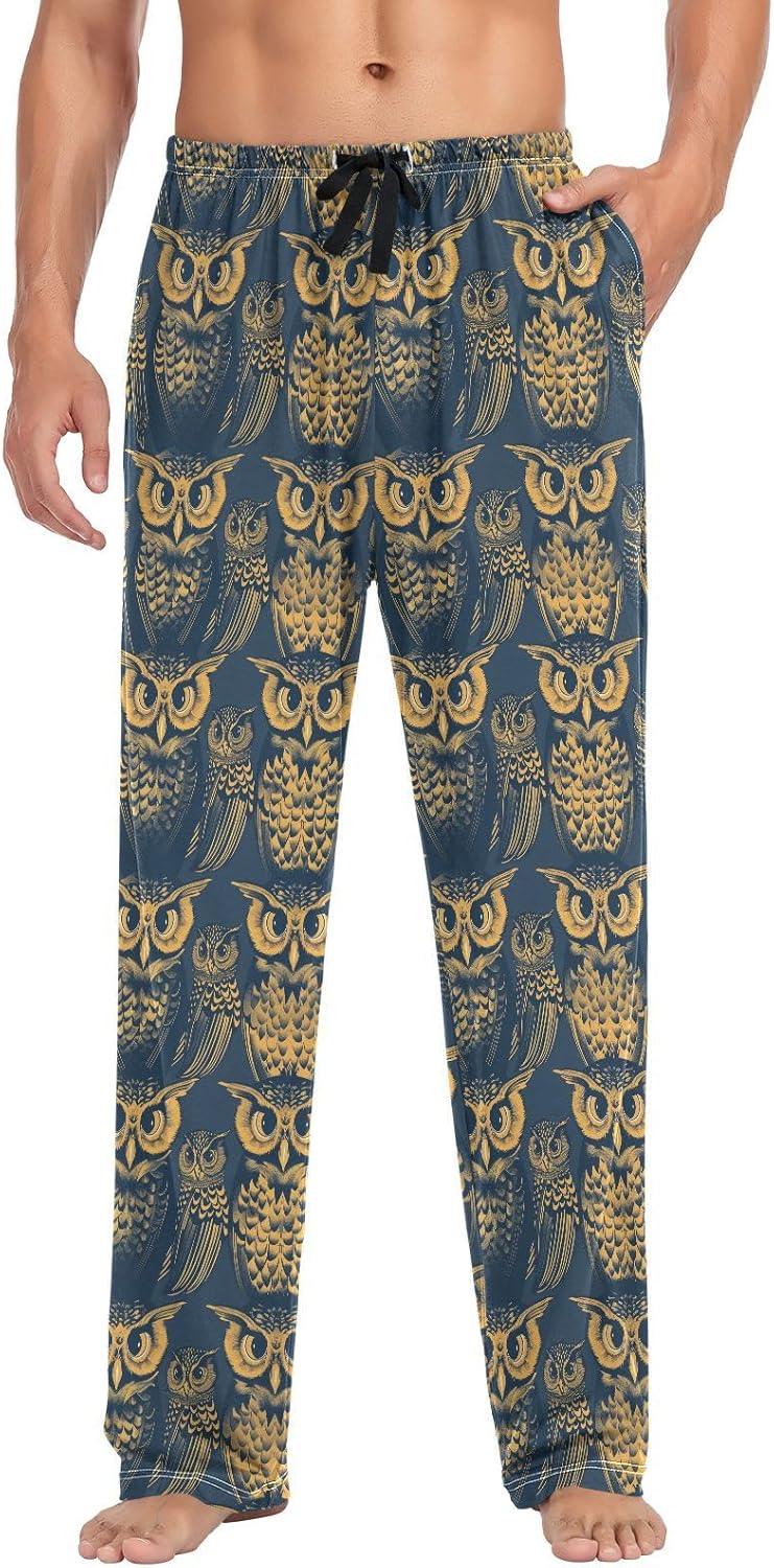 ALAZA Owl Print Vintage Men's Sleepwear Mens Pajama Pants Bottoms with Pockets, S