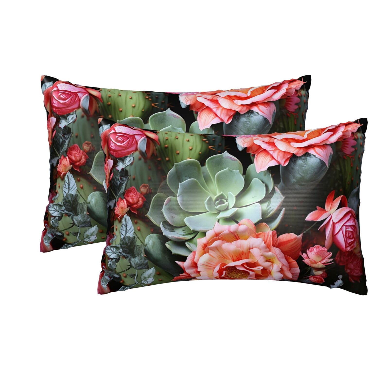 2 Pack Queen Silk Pillow Cases with Hidden Zipper, Luxury Soft Satin Pillow Covers for Hair and Skin, Roses Flowers and Cactus Pillowcases 20"x30" Bed Pillow Protectors Cover for Sleeping Gifts