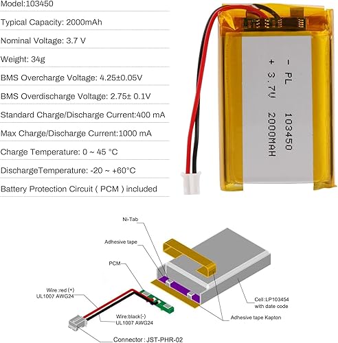 Miniatura 4 de Batería de polímero de litio 3.7V 2000mAh 103450 Lipo Batería recargable con 2 cables JST PH 0.079 in Conector para altavoz y dispositivo inalámbrico