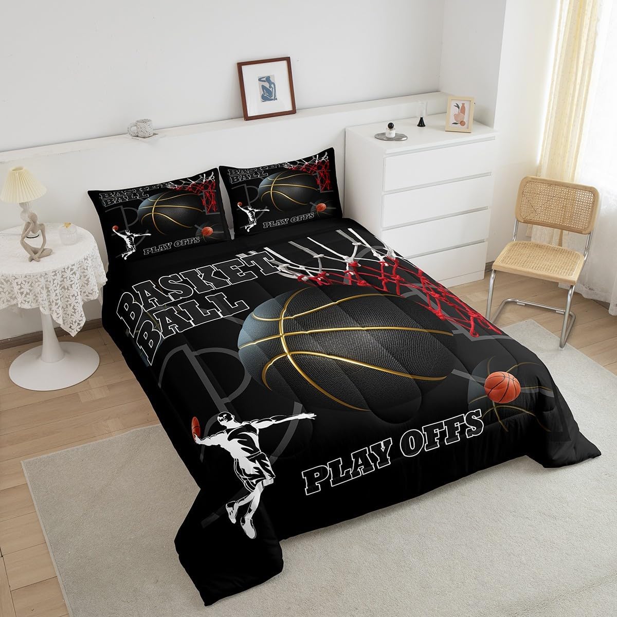 Basketball Room Bedding for Boys Sport Dunk Basketball Comforter Set Full Size for Kids Teens, 3D Black Ball Printed Bedding Comforter Sets Sport Game Ball Theme Duvet Insert Basketball Player Quilt