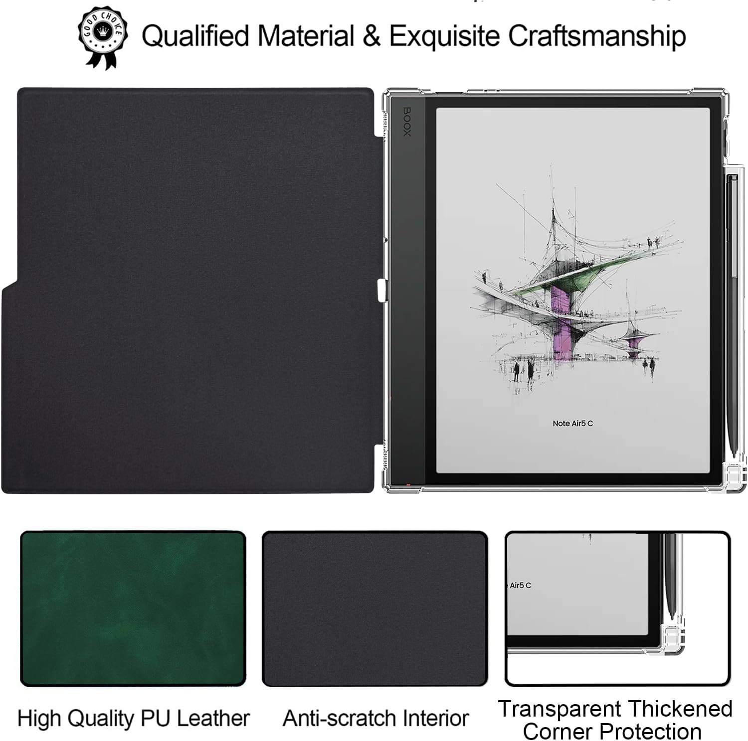 Transparent TPU Back Case Designed for Boox Note Air 5 C (2025 Released) Slim Shockproof Cover with Enhanced Auto Wake/Sleep, Built-in Pen Holder, Magnetic Closure Closure (Green) image 2