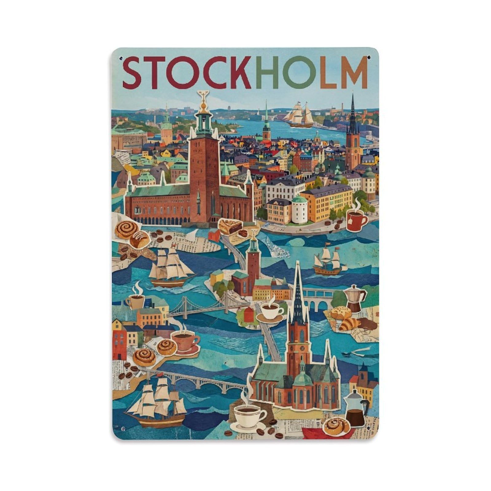 Olhnbad Style Archipelago Stockholm Sweden Collage City Travel Metal Tin Sign