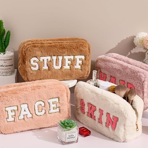 Miniatura 3 de Paterr 4 piezas de felpilla de Navidad, bolsa de maquillaje de felpa mullida, bolsa de maquillaje, bolsa de cosméticos, bolsa para el cabello, piel