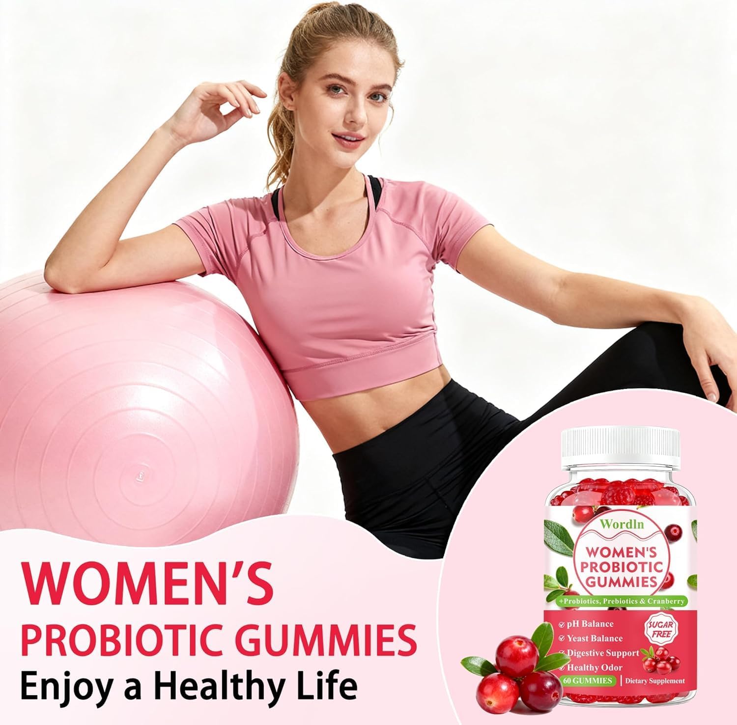 Women Probiotic Gummies for Feminine Health, Supports pH Balance, Vaginal Health, Odor Control & Yeast Balance, Digestive & Immune Support, Sugar Free Cranberry Flavor, 60 Count (Pack of 2)