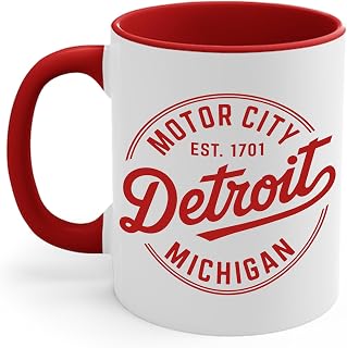 Michiganians Vintage Detroit Motor City Michigan MI Coffee Mug For Men Women(Red & White, 11 oz)