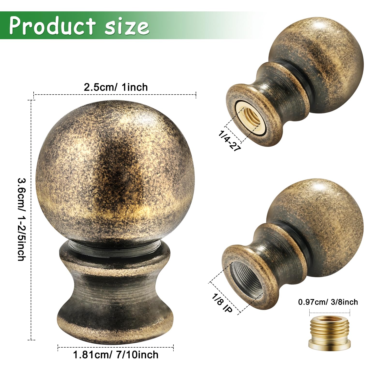ZZHXSM 2-Pack 1-1/2" Oil-Rubbed White Ball Lamp Finial Cap – Threaded 1/4-27 For Lamp Harp Holder, Gold Trim Accent