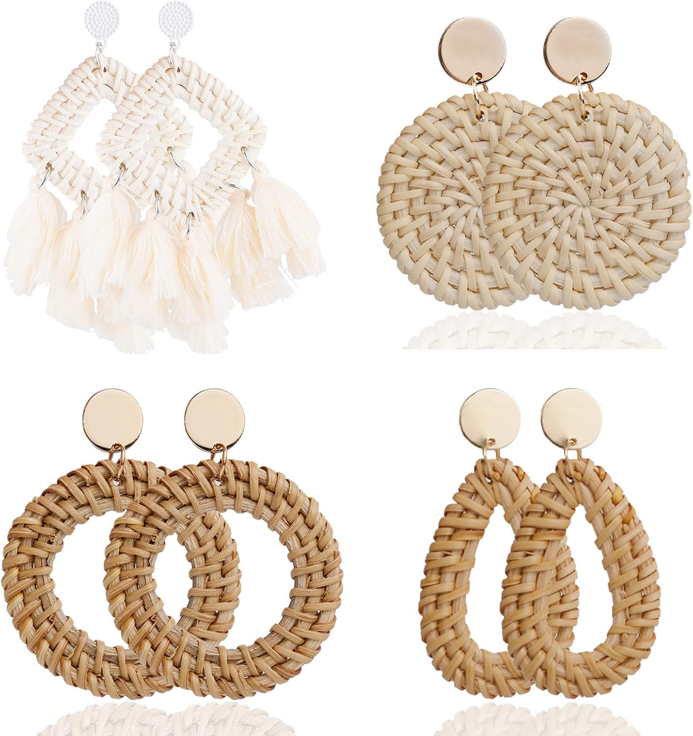 4 Pairs Rattan Earrings Tassel Woven Bohemian Earrings Straw Earrings Handmade Wicker Braid Hoop Drop Earring Lightweight Dangle Earrings For Girls Women, standard, yellow