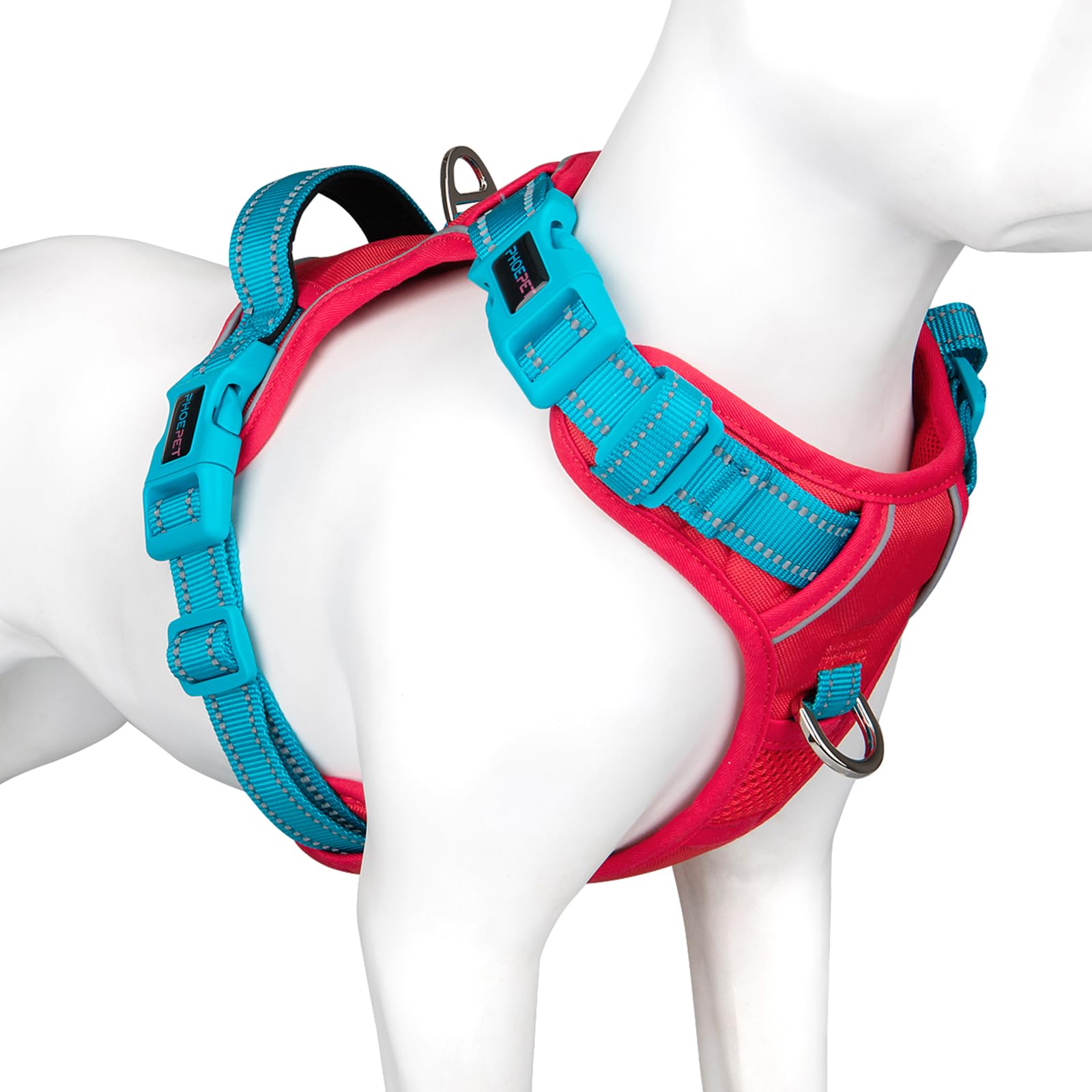 PHOEPET Hundegeschirr Kleine Hunde, Anti Zug Verstellbar mit Griff,Rote S | No Pull & Vollständig Verstellbar，2 D-Ringe，Schnellverschluss-Schnallen，Atmungsaktive Polsterung，Reflektierend