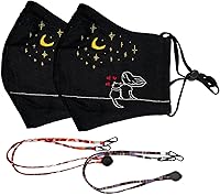 PusSoul Handmade Reusable Cat Lover Face Masks, 2-Pack Black Linen with Embroidery, Nose Wire, Breathable Washable Cloth Masks