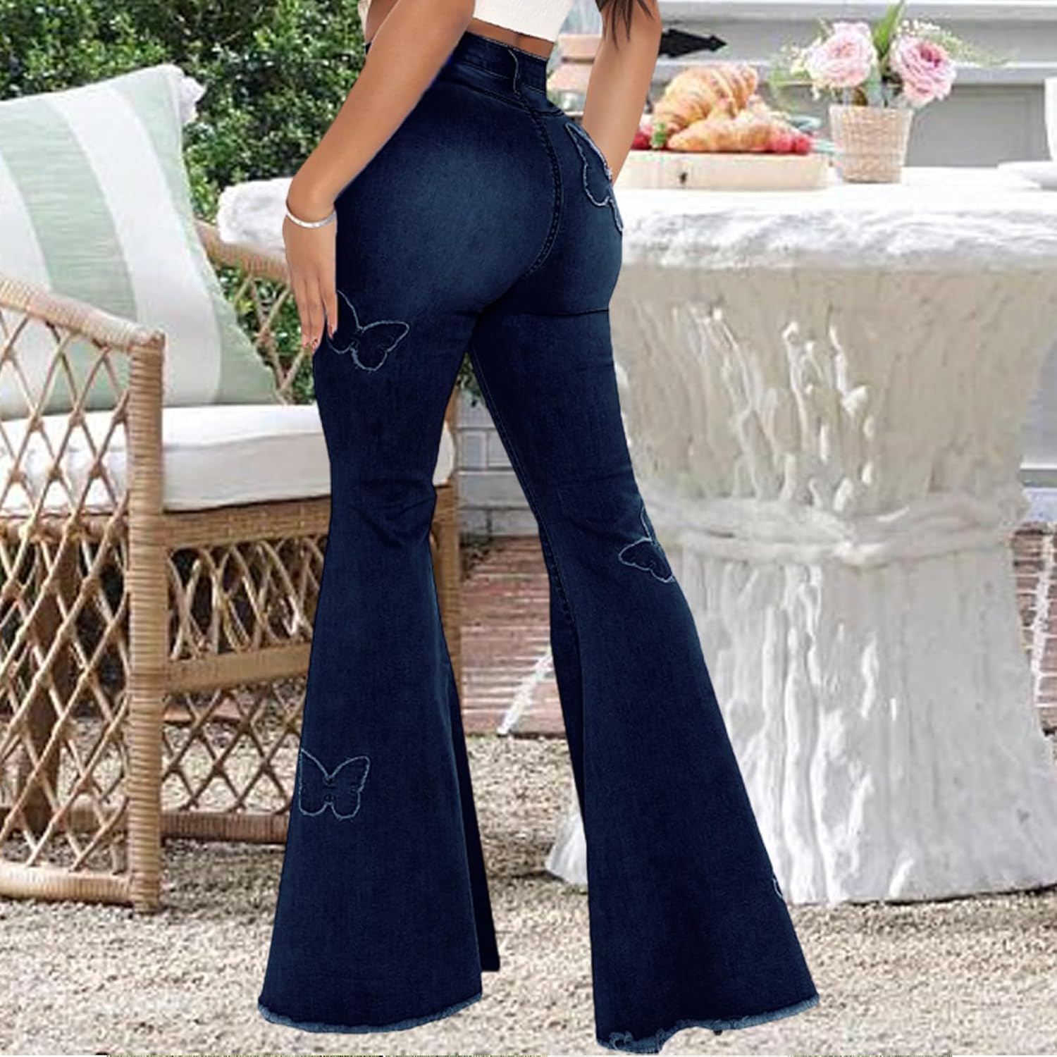 Women's Butterfly Bell Bottom Jeans Elastic High Waisted Embroidered Classic Flareed Jeans Raw Hem Denim Pants with Pocket - Image 2