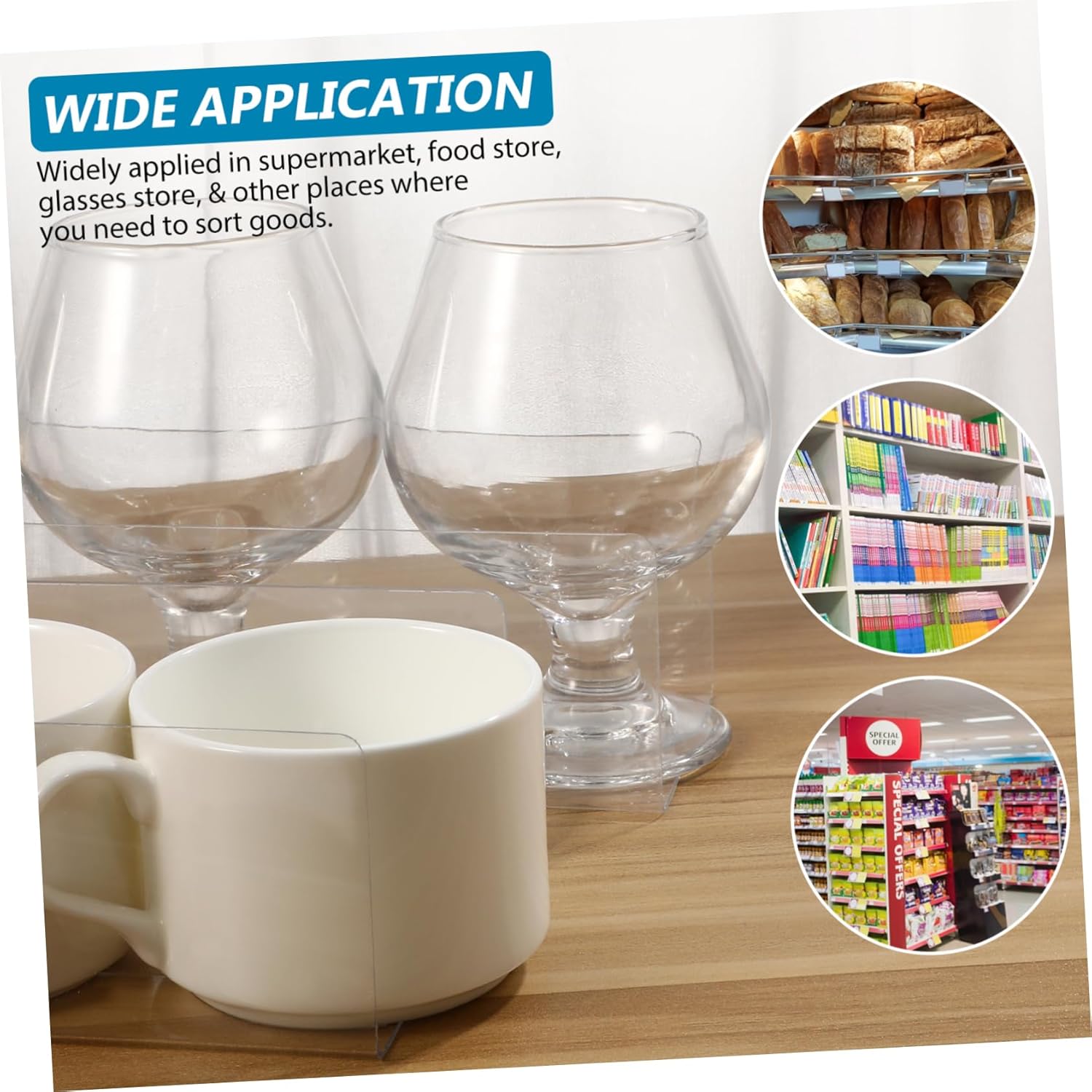 20pcs Partition Plate Storage Bookshelf Clear Shelves Clear Purses Shelf Spacers Shelves for Wall Riser Adhesive Shelves Pantry Store Separators Greeting Card Rack Stores Plastic