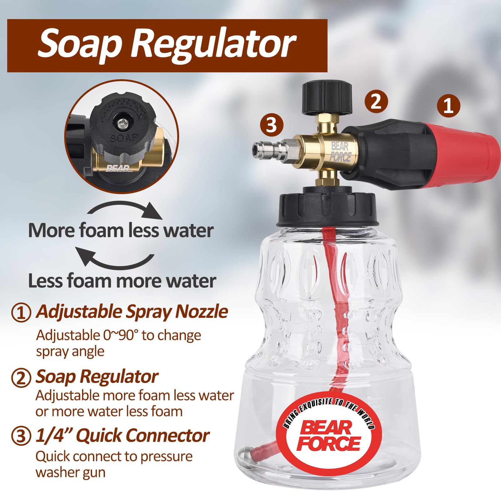 BEAR FORCE Generador de espuma de latón para lavadora a presión, lanza de espuma de nieve con conector rápido de 1/4 pulgadas y boquilla de orificio de 1,25 mm y 1,10 mm, espuma de nieve más gruesa