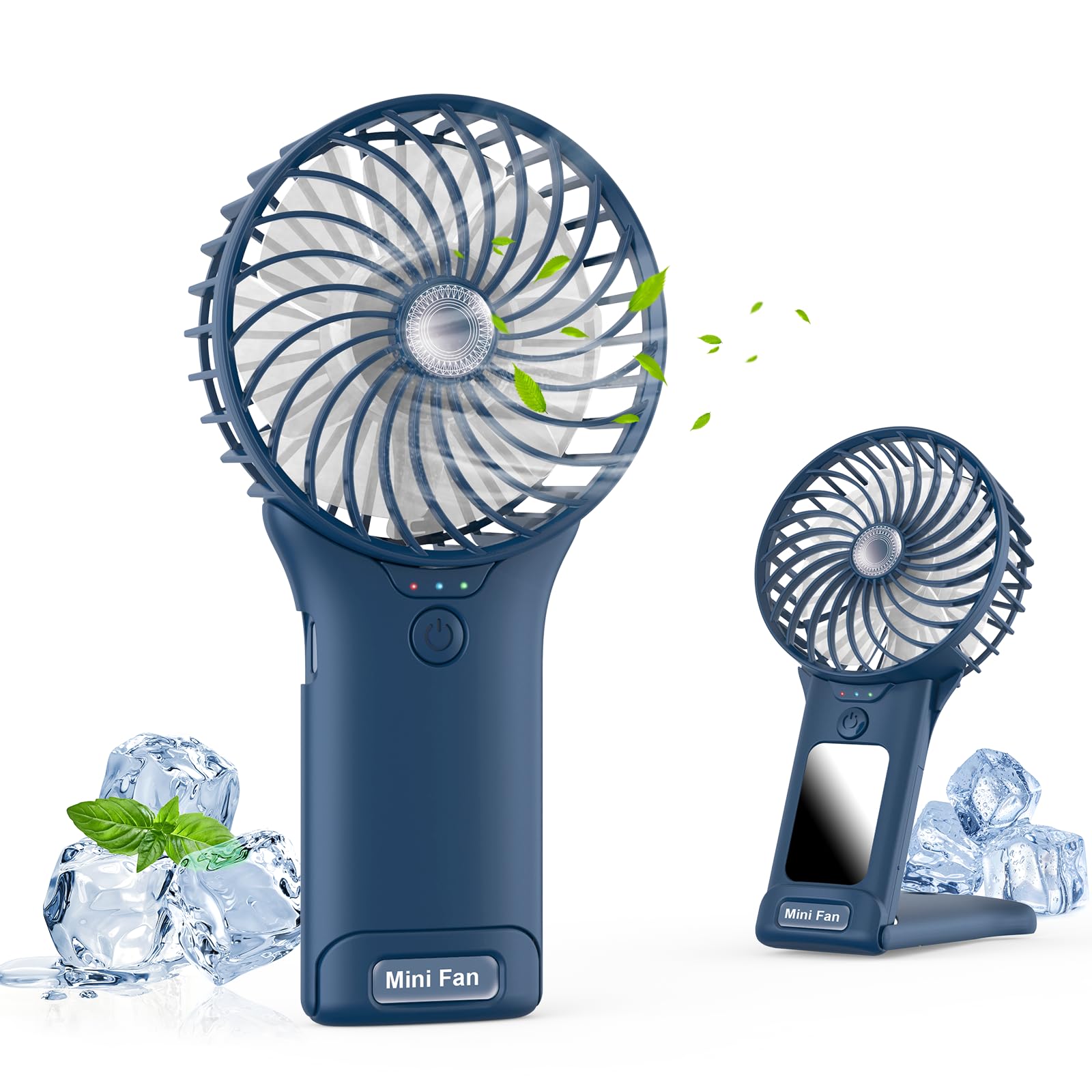 Refluxe Portable handheld and desk fan, 4 adjustable speeds, rechargeable USB battery mini fan with makeup mirror for stylish girls, women, men, indoor and outdoor use. (Deep Blue)