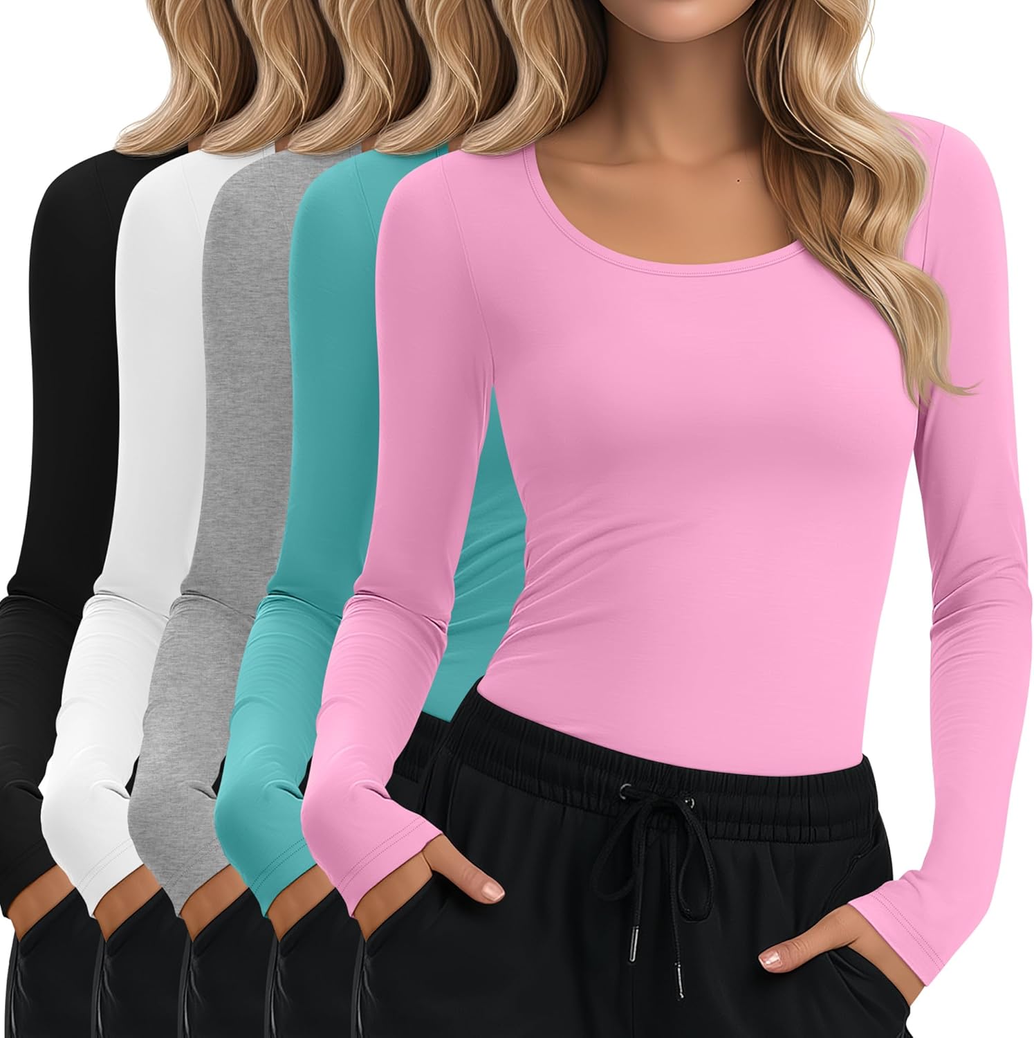 5 Pack Underscrub for Women Long Sleeve Shirts Fitted Scoop Neck Tops Basic Layerin...