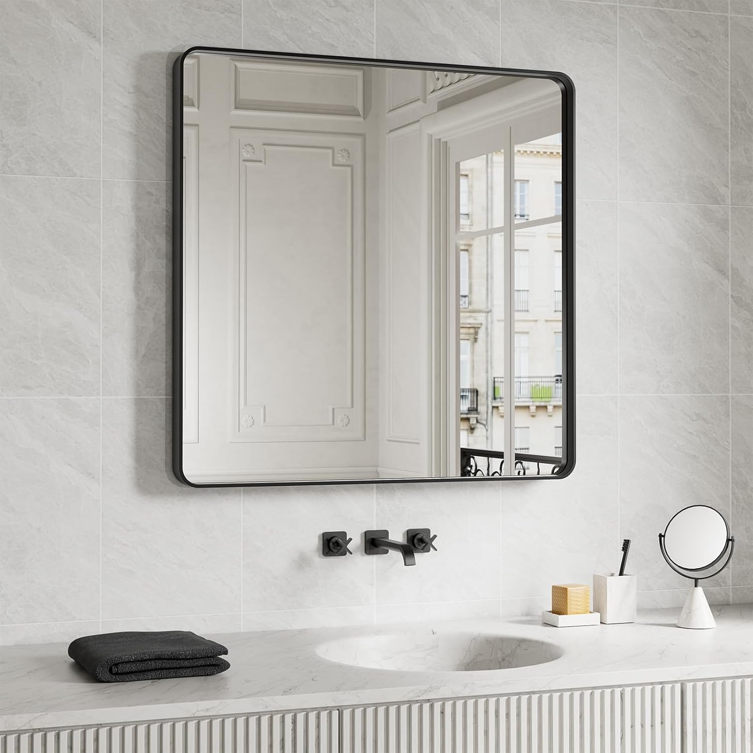 Black Bathroom Mirror 36X36 Inch, Black Metal Framed Mirror for Wall, Rounded Rectangle Matte Bathroom Vanity Mirror with Tempered Glass, Anti-Rust, Horizontal/Vertical Black 36"L x 36"W